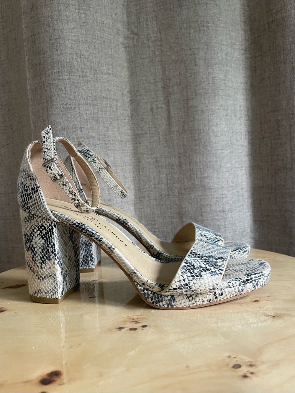 Chinese Laundry Snake-Print Block Heels in Cream and Black